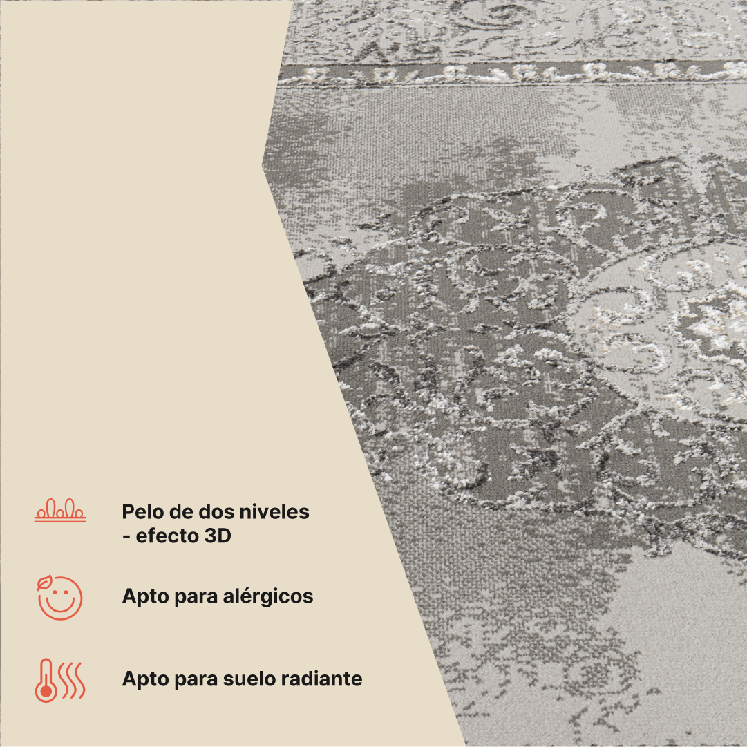 Alfombra Ares Gris Rosetón Borde Vintage