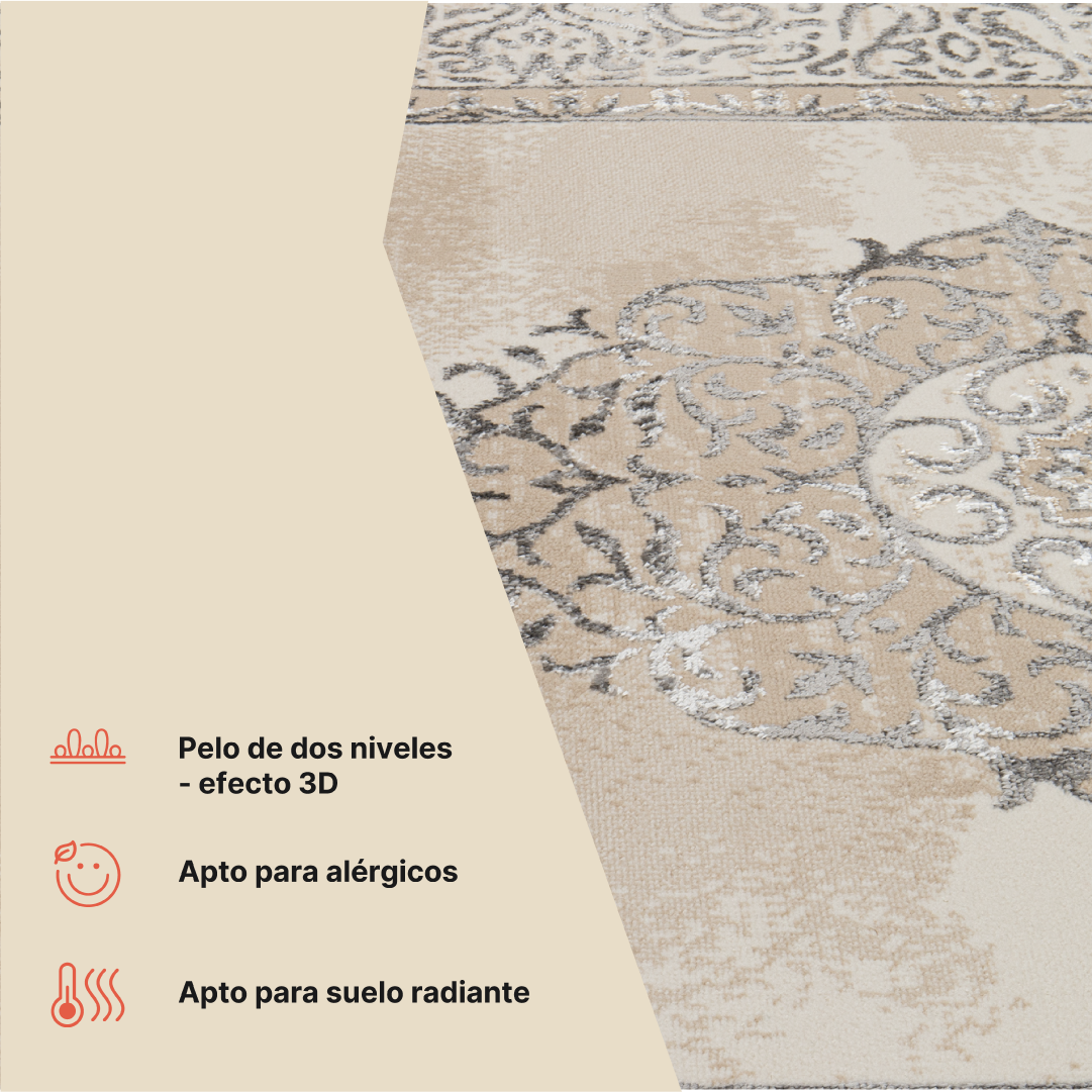 Alfombra Ares Gris Beige Rosetón Vintage