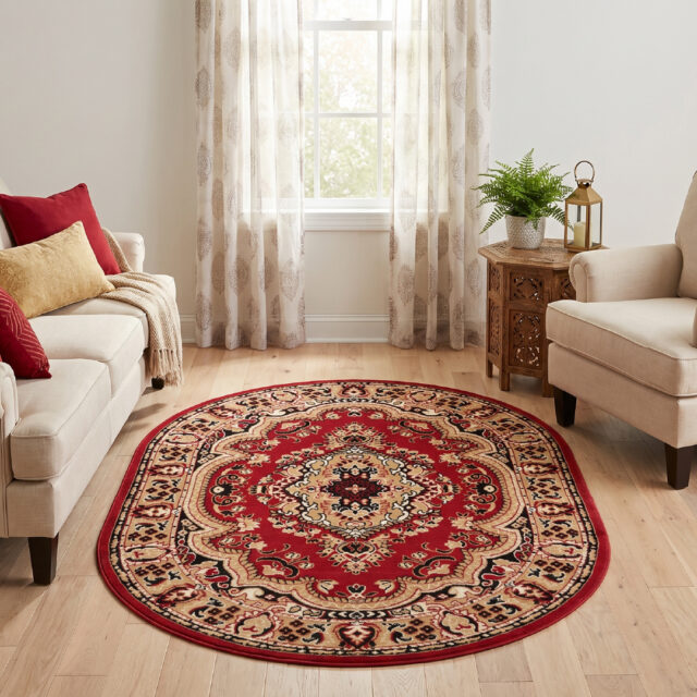 Alfombra Atlas Ovalada Clásico Beige Rojo Ornamento
