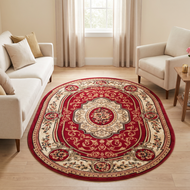 Alfombra Atlas Ovalada Clásico Rojo Beige Ornamento