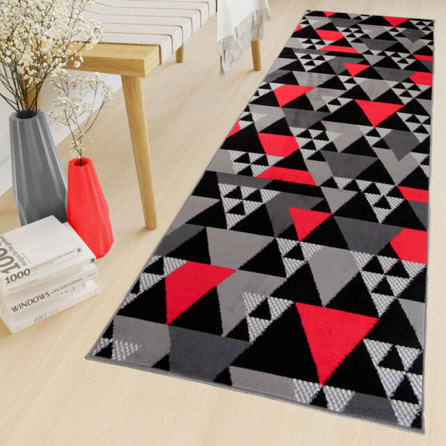 Alfombra de Pasillo Maya Gris Rojo Geométrico Triángulos