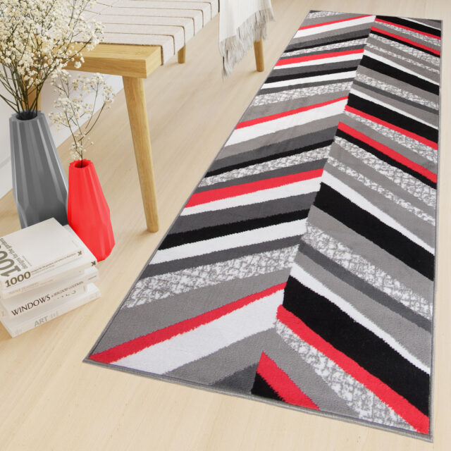 Alfombra de Pasillo Maya Gris Rojo Geométrico Líneas