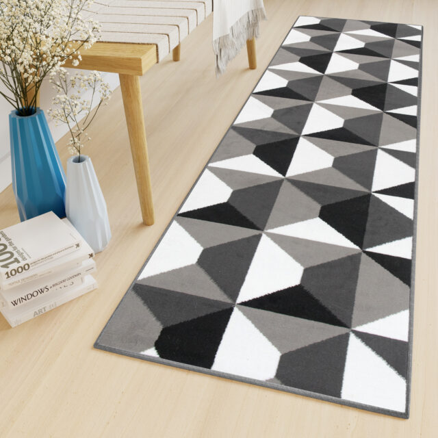Alfombra de Pasillo Maya Gris Negro Geométrico Cuadrados