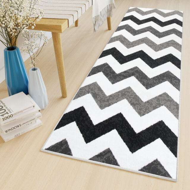 Alfombra de Pasillo Maya Gris Negro Geométrico Zigzag