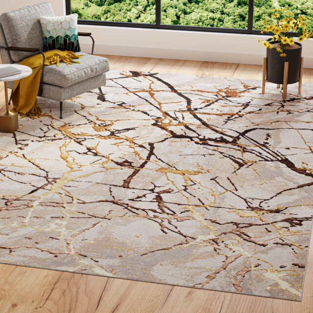 Alfombra Golden Crema Dorado Marrón Líneas