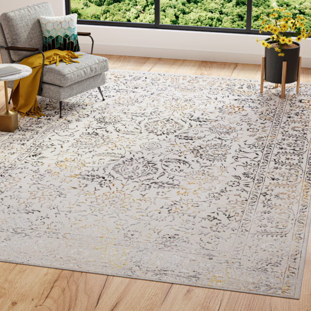 Alfombra Golden Crema Dorado Gris Vintage Borde