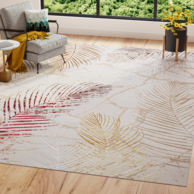 Alfombra Golden Crema Dorado Rojo Hojas