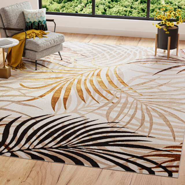 Alfombra Golden Crema Marrón Dorado Hojas