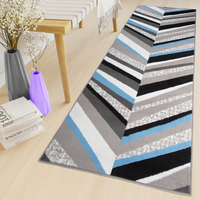 Alfombra de Pasillo Maya Gris Azul Geométrico Líneas
